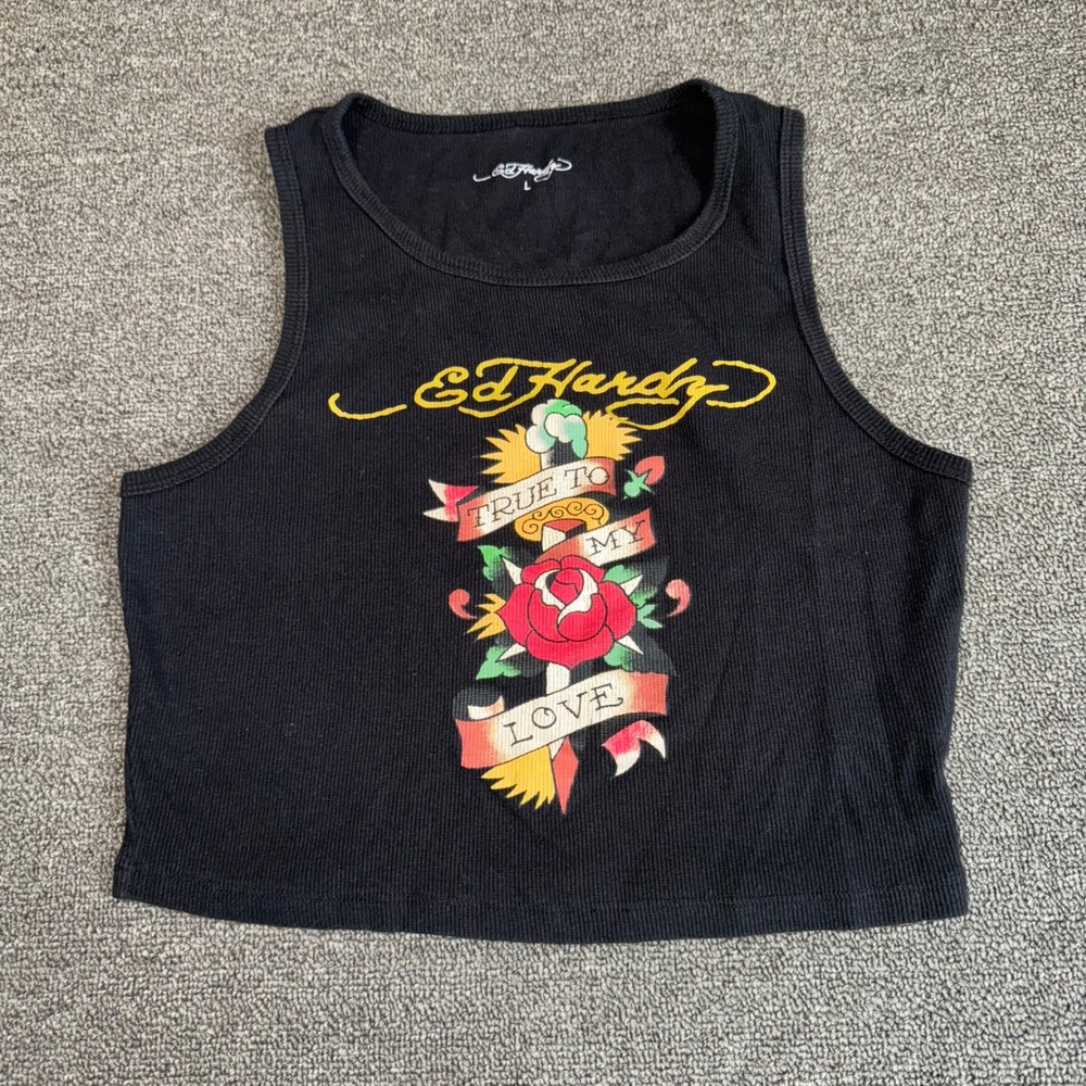 Ed Hardy Black Ribbed Crop Tank Top Tattoo Graphic Junior's L Biker Streetwear